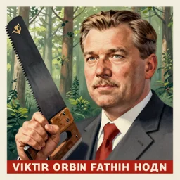 soviet propaganda poster of viktor orban, highly detailed face, holding wood saw, forest in background