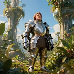 a short and chubby round-bodied female knight in a hi-tech botanical world with blue skies | style of donato giancola, vincent callebaut, dramatic light | high detail | cinematic lighting | pristine metals, glass, plants | solarpunk | golden hour | volumetric lighting | concept art |