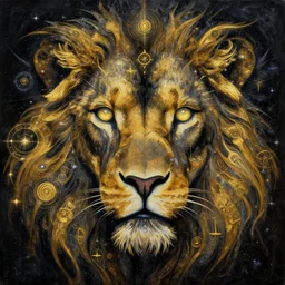 astral lion oil painting of abstract surrealist forms by yvonne mcgillivray by mandy jurgens by michael divine, powerful eyes glowing highly detailed painting, spiritual abstract forms, symmetrical, trending on art station, abstract emotional, very beautiful, fantasy digital art, highly detailed patterned visionary art, magic symbols, by michael divine, cosmic nebula, black gold color scheme