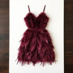 a light feminine dress made of feathers and burgundy fur, fashion design