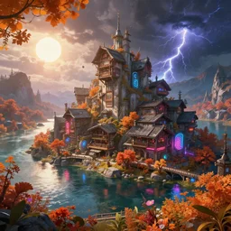 a beautiful ultradetailed illustration of building chalet city by denis sarazhin, sea neon signs lake biopunk flowers azeroth morning sun bioshock uv light san andreas wilderness infrared cosmic thunderstorm fisheye at fall, archdaily, wallpaper, highly detailed, trending on artstation.