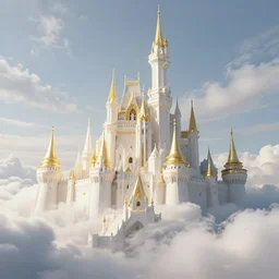 style artgerm, joshua middleton, jeremy lipking, soft castle in the sky white with gold, majestic spires, clouds swirling, detailed, sky setting, volumetric lighting