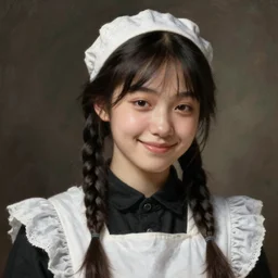 a ((sadly)) (((smiling)))) black haired, young hungarian servantmaid from the 19th century who looks very similar to (((Lee Young Ae))) with a two french braids, detailed, soft focus, realistic oil painting by  Ferenczy Károly, John Everett Millais, Hollósy Simon, Munkácsy, Csók István, and da Vinci