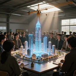 crowd of people in humble warehouse, looking at hologram of futuristic city on a table, cinematic concept art, godrays, golden hour, natural sunlight, 4 k, clear details, tabletop model buildings, center model buildings, hologram center, crane shot, crane shot, crane shot