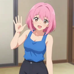 anime woman with short pink hair in a bob style, light brown eyes, blue tank top, black pants, waving and smiling
