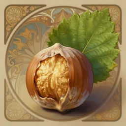 a hazelnut with green leaf, macro, fantasy, sharp focus, intricate, elegant, digital painting, artstation, matte, highly detailed, concept art, illustration, ambient lighting, art by alphonse mucha