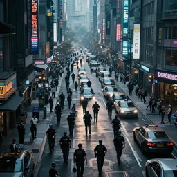 a busy cyberpunk street with a heavy police presence. 8 k, epic cinematic hyperrealism masterpiece. realistic poster with shaded lighting by craig mallismo, artgerm, jeremy lipkin and michael garmash, unreal engine, radiant light, detailed and complex environment, digital art, art station trends, detailed, lens flare, motion blur