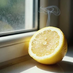 1980s magazine photo of a sliced lemon, next to a window with dappled natural light, smoky