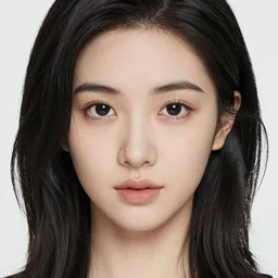 attractive young woman, fair-skinned, black hair ending above the shoulders, black eyes, thin black eyebrows, full lips, small nose
