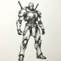 japanese futuristic warrior with many scars, hard ink, no pencils, full body drawing
