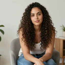 a woman with long curly hair sitting in a room