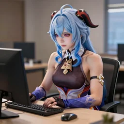 muscular ganyu from genshin, sitting at a computer, hyper realistic photorealistic