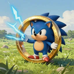 ( ( a cute face blue hedgehog holds a large gold ring with blue lightning. cover art. ) ), blue lightning!, large gold ring!, beautiful grassland, early morning hours, long shadows, extremely detailed, fantasy painting, by jean - baptiste monge!!!!