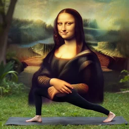 a skinny young woman wearing workout clothes is doing yoga outdoors in the park!, looks like mona lisa, sharp focus, hyper realistic, centered, extremely detailed, wide shot!, a painting by leonardo da vinci