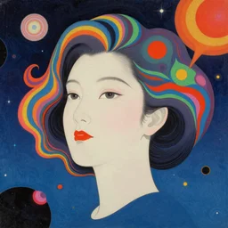 a colorful vibrant closeup portrait of a woman's head floating in space dreaming psychedelic hallucinations, by kawase hasui, moebius, edward hopper and james gilleard, zdzislaw beksinski, steven outram colorful flat surreal design, hd, 8 k, artstation