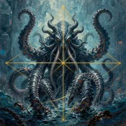 Mysterious monster Cthulhu in the sea, huge tentacles sticking out of the water, oil on canvas, cold colors, perfect composition, golden ratio, beautiful detailed, photorealistic, digital painting, artstation, concept art, smooth, sharp focus, illustration, cyberpunk background, artstation trending, octane render, unreal engine