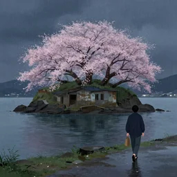 walking around dilapidated ikeshima island, nagasaki, japan. volumetric lighting, rain, spring night, dark overcast weather, realistic illustration, perfectly shaded, soft painting, art by krenz cushart and wenjun lin