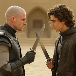 a knife-fight between bald_ominous_brooding_Austin_Butler_as_Feyd-Rautha_Harkonnen against Timothee_Chalamet_as_Paul_Atreides, in an arena in movie Dune-2021, golden ratio, clear gaze, detailed eyes