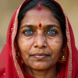 A 39 years old female Indian Shaman‘s face, blue eyes