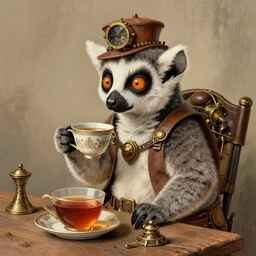 an steampunk lemur having a cup of tea, by jim woodring
