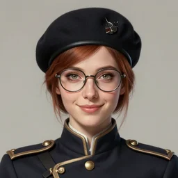 very symmetry, woman, fireemblem, face, uniform, beret, glasses, art by artgerm and greg rutkowski and magali villeneuve, portrait, smile, extremelydetailed, costumedesign