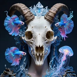 classical chromatic aberration goddess phoenix macro close - up portrait with mask made of ram skull. betta fish, jellyfish phoenix, bioluminiscent, plasma, ice, water, wind, creature, super intricate ornaments artwork by tooth wu and wlop and beeple and greg rutkowski