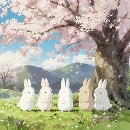 A group of white bunny rabbits under the cherry tree, Makoto Shinkai
