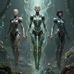 karol bak and tom bagshaw and ayami kojima symmetrical full body character portrait of the borg queen of sentient parasitic flowing ai, floating in a powerful zen state, supermodel, beautiful and ominous, wearing combination of mecha and bodysuit made of wires and fractal ceramic, machinery enveloping nature in the background, artstation scifi character digital concept render