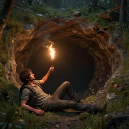 male with a torch illuminating a giant abyss hole, nature around the hole, unreal engine 5, intricate details, relaxed