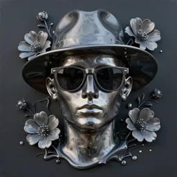 a head made out of melting metal, dark palette, acrylic pour style, it is wearing sunglasses and a hat, there are flowers all around it, black paint melting, vogue cover style, demonic style, smooth fractal style, ethereal fantasy style, 3 d perfect render style, horror style