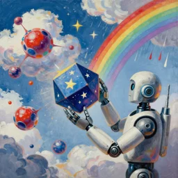 a painting by ralph mcquarrie of floating molecules and a robot artist holding an icosahedron with stars, clouds, and rainbows in the background, trending on artstation, masterpiece, incredible details