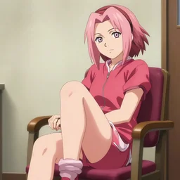 Sakura Haruno sitting on a chair with her legs crossed, her face is detailed, trending on artstation.