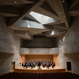 interior space of a concert hall venue with a symphony orchesta playing on the stage, concrete material, parametric design, single point perspective, one point perspective light caustics, architecture phenomenology, realistic, low saturated, moody, 4 k, 8 k, center! dream