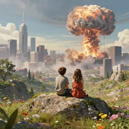 a boy and a girl sitting together on top of a rock covered hillside with flowers watching a nuclear explosion in a distant city with skyscrapers, a detailed matte painting by filip hodas, sharp focus, cgsociety, fantasy art, cinematic, artstation hq, vfxfriday, dystopian art, unreal engine 5