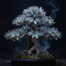 dark eerie photo, miniature forest bonsai, glowing branches and crystals leaves, nacreous lights, wispy glowing ink horrors. iridescent, prismatic, fluorescent