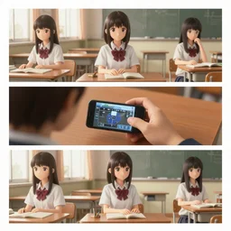 3 panel manga scene, school girl sits in a cozy school classroom - dramatic cozy 3 d poster by wlop and okuda genso. wide angle lens. featured on pixiv, anime aesthetic. pixiv, warm aesthetic, rays of light, volumetric light, artstation, vanitas, official art, gothic, noise film photo. octane render, redshift render, ue 4