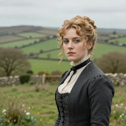 Victorian British woman with blond hair in foreground staring off into pastoral green hillside in England done in the style of a painting, cinematic, 4k,