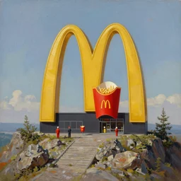 hyperrealistic oil painting of a mcdonald's on a mountain top, detailed, by rembrandt van rijn, anato finnstark!!, 8 k resolution, beautiful lighting, studio light, extremely detailed, establishing shot, realistic materials, hyperrealistic