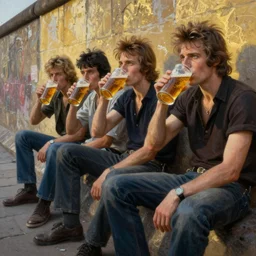 beautiful oil matte portrait painting, 8 0 s punks sitting on the berlin wall drinking beer, wonderful masterpiece highly detailed, beautiful cinematic light deep focus, elegant, digital painting, smooth, sharp focus, golden ratio, dramatic illumination, ultra realistic, 8 k, art by jimmy law
