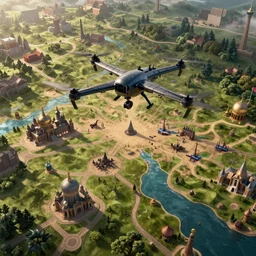 air drone footage of rts map of the medieval empire, age of empire 4, kingdom of heaven, cinematic lighting, hyper detailed, hyper realism, rendered in octane, 8 k, rpg concept art
