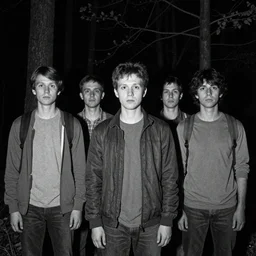 a group of identical people standing in a forest staring at the viewer, uncanny faces, night, b&w, vhs footage