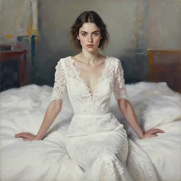portrait painting of a woman posing in an artistic over a bed, white lace wedding dress by jeremy mann, only one head single portrait