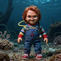 screaming chucky doll scuba diving