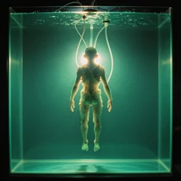 a weird humanoid creature is suspended in a tank of dense liquid, weightlessness, tubes coming from the top of the tank connecting to the creature's body, back lit, blinding green glow creates a lens flare, 35 mm film photography