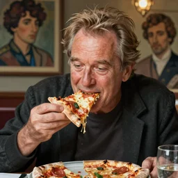 portrait of Patrick Stewart eating pizza, highly detailed, digital painting, artstation, concept art, sharp focus, illustration, art by artgerm and greg rutkowski and alphonse mucha