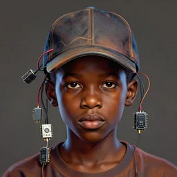 portrait of a nigerian boy wearing a baseball cap with wires and computer chips dangling from inside, character concept art, art style by frank frazetta & james jean, volumetric light, ray tracing, digital illustration, colourful, sharp, intricate detail, behance, artstation, pinterest,