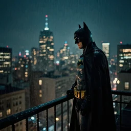 batman overlooking a city, night, on a balcony, retro sodium vapor lighting, rainy, moody, cinematic, shot on film, highly detailed, hdr