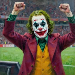 The Joker cheering in the stands at a football game oil on canvas, intricate, portrait, 8k highly professionally detailed, HDR, CGsociety