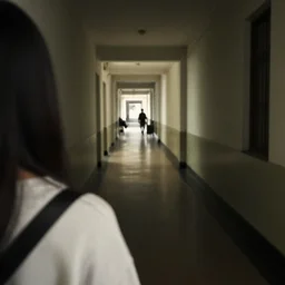 In the bottom left corner of the picture of the long corridor, a woman's shoulder may be seen with her back to you. There is a shadowy figure down the corridor.