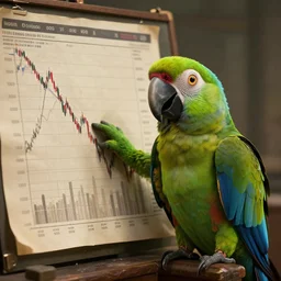 a panicked anthropomorpic parrot showing charts of the crashing stock market, detailed, award-winning, game of thrones screenshot